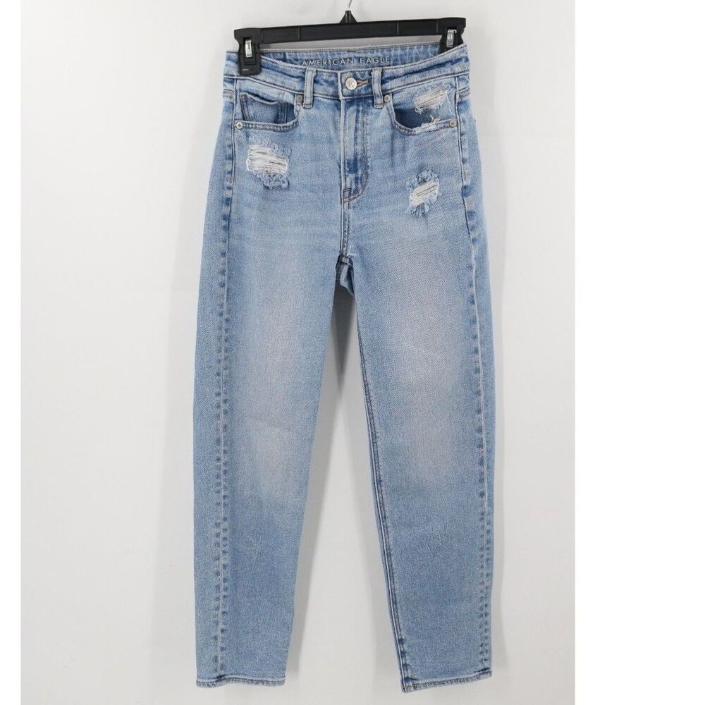 American Eagle Womens Mom Straight Jeans Size 00 Blue Slightly Distressed